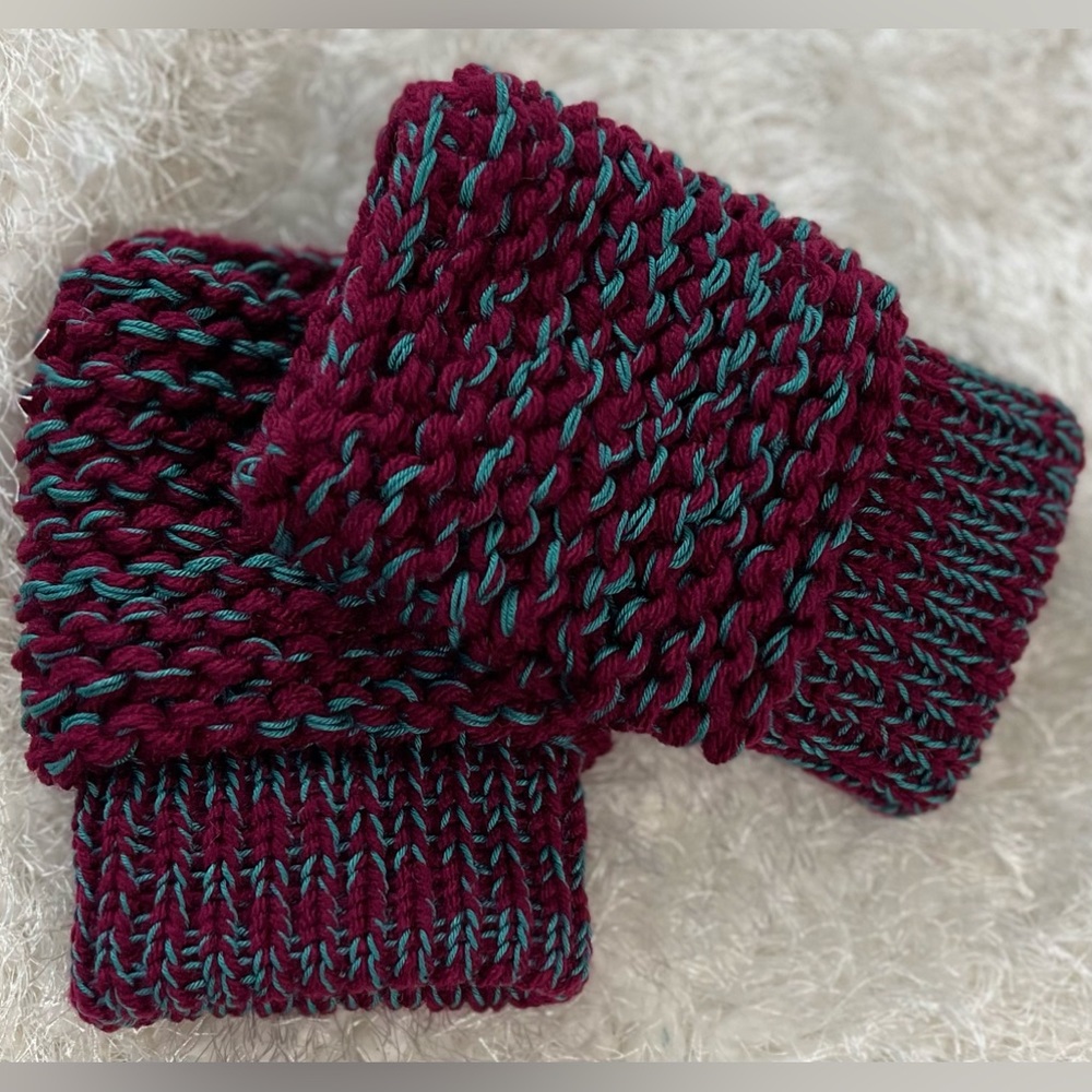 Handmade Hand Crafted Knit fingerless gloves S-XL hands mulberry and teal